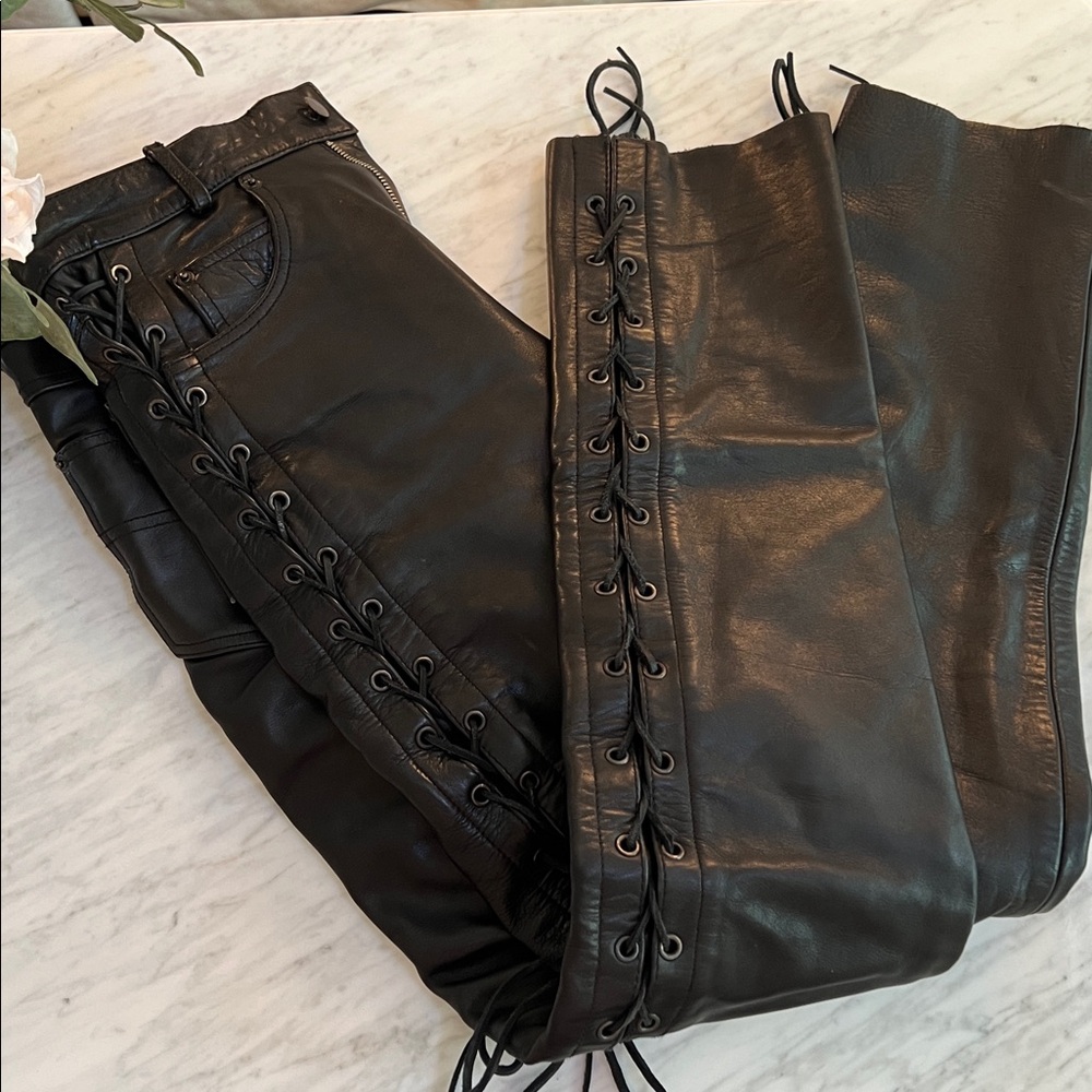 Sleek Black Lace-Up Leather Pants